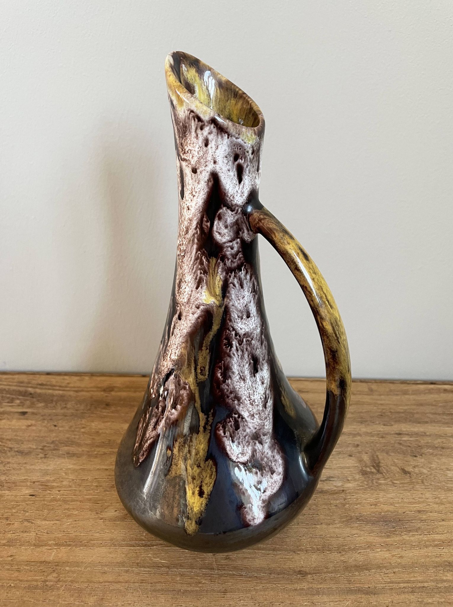 Fat lava style vase with handle, victory, purple, yellow & black drip glaze