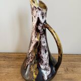 Vase de style fat lave avec poignée, victoire, glaçage goutte à goutte violet, jaune et noir