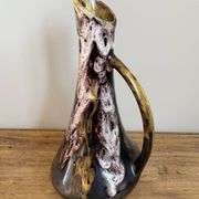 Fat lava style vase with handle, victory, purple, yellow & black drip glaze