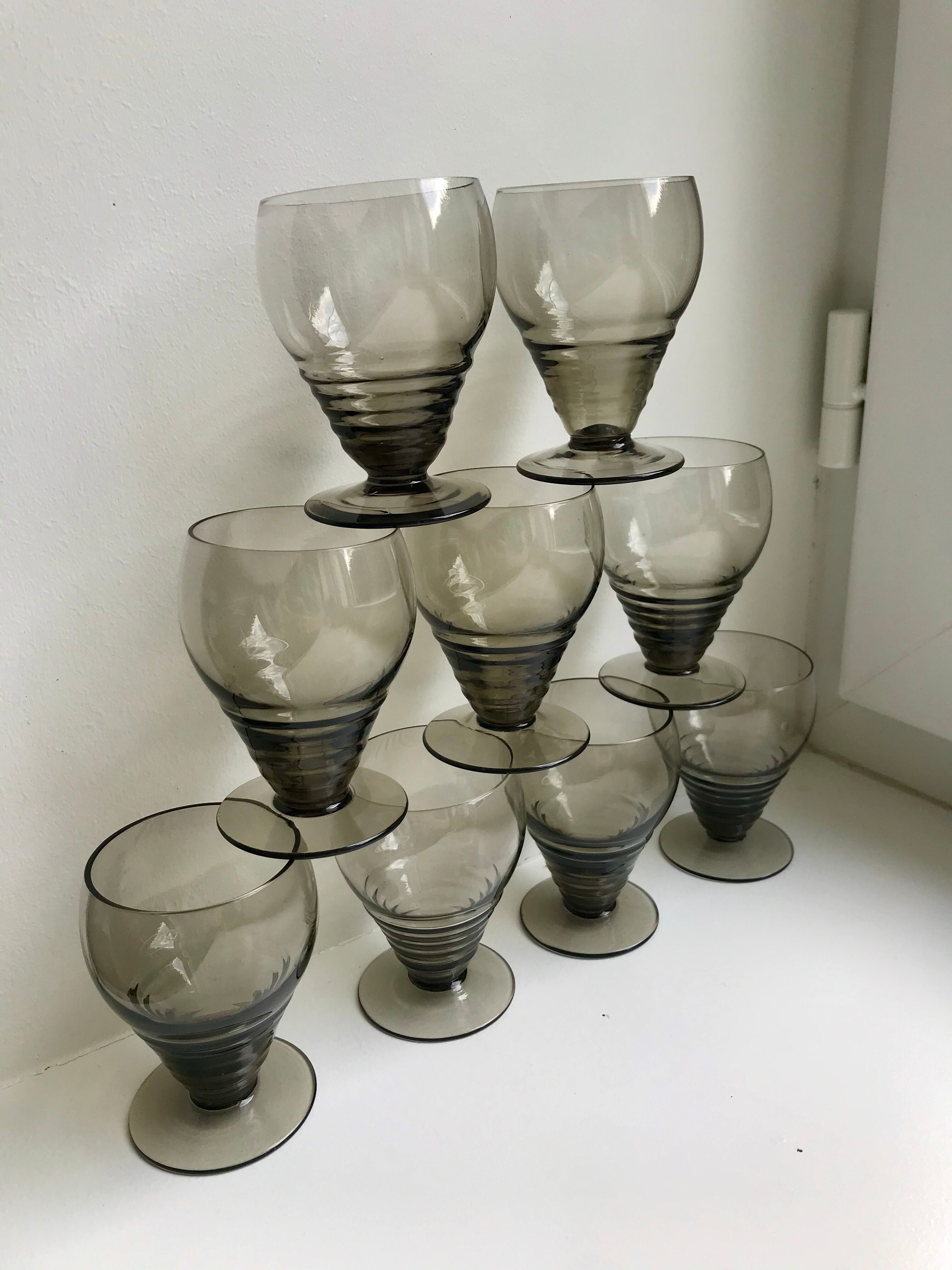 Set of 9 art deco liqueur glasses in smoked glass 30-40s