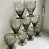 Set of 9 art deco liqueur glasses in smoked glass 30-40s