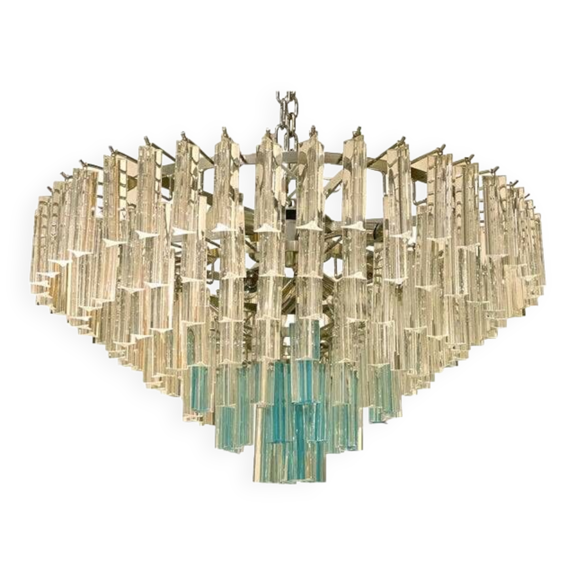 Contemporary transparent and ligh-blue triedro murano glass chandelier