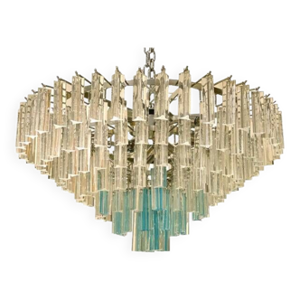 Contemporary transparent and ligh-blue triedro murano glass chandelier