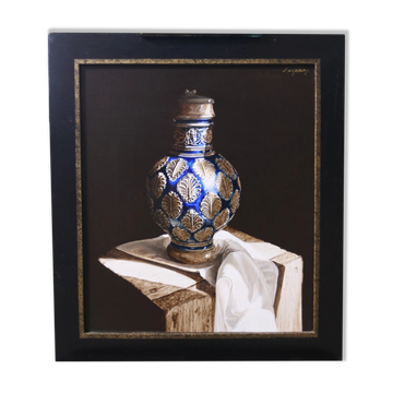 Still life with blue Westerwald jug, pewter lid – Marjolein van den Berg
