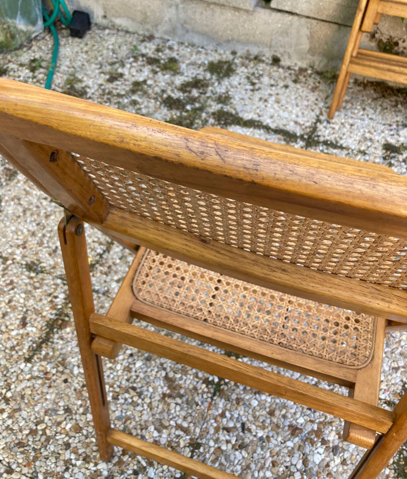 Lot de 3 chaises pliantes en bois et cannage