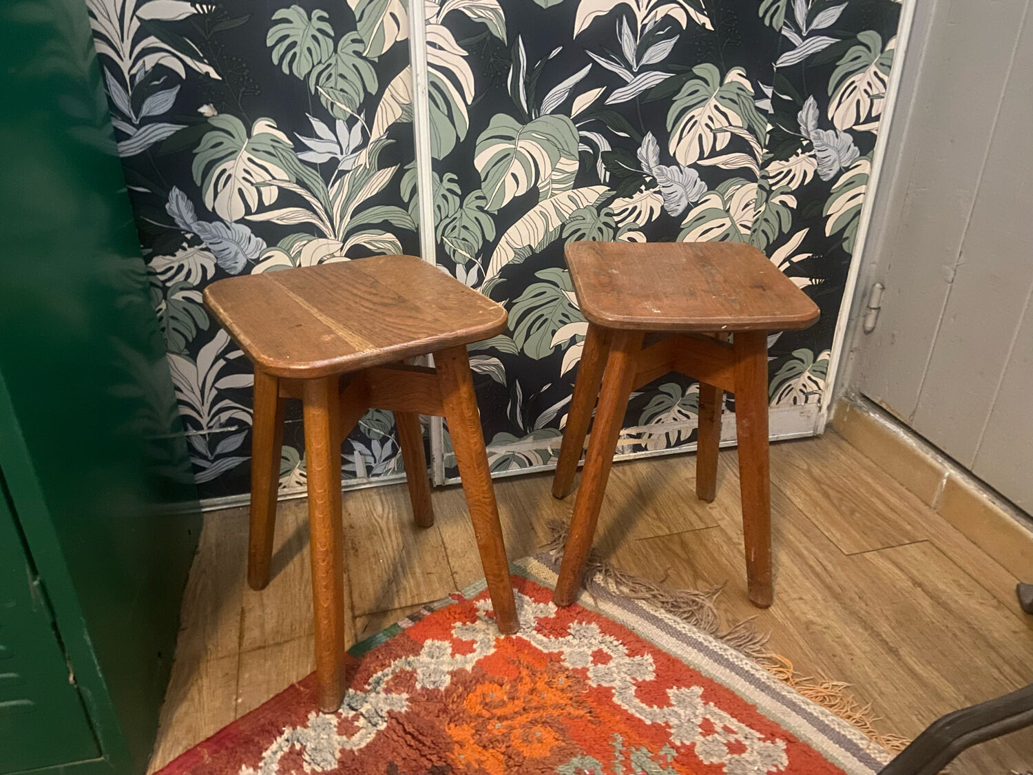 Pair of brutalist solid oak stools