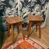 Pair of brutalist solid oak stools