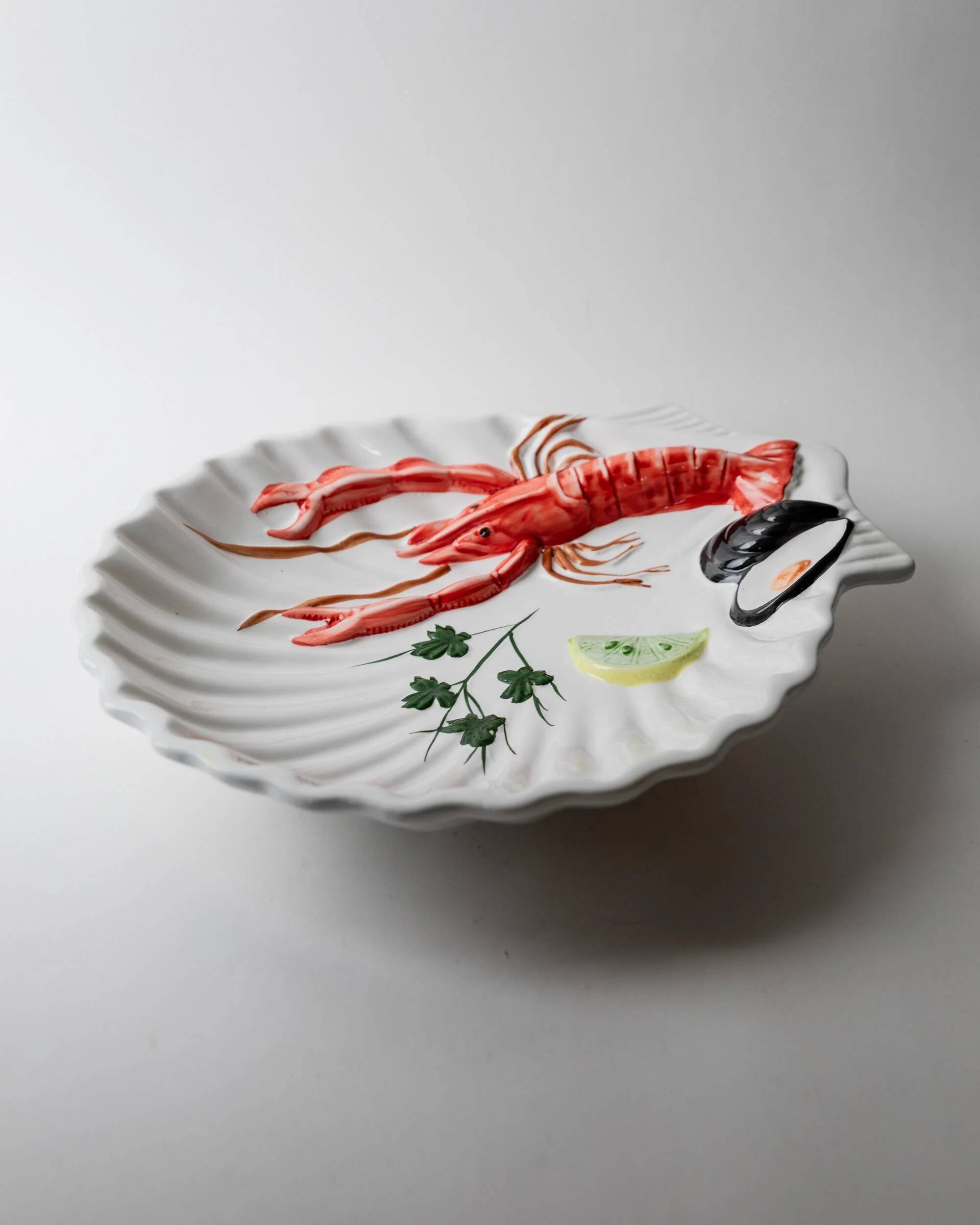 Vintage ceramic serving dish from the 1980s, hand-painted lobster design.