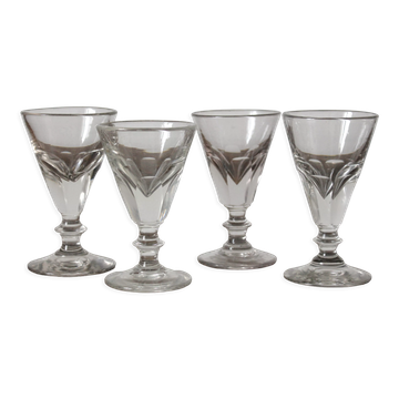 4 antique stemmed wine glasses with flat sides, made of blown glass from the 19th century