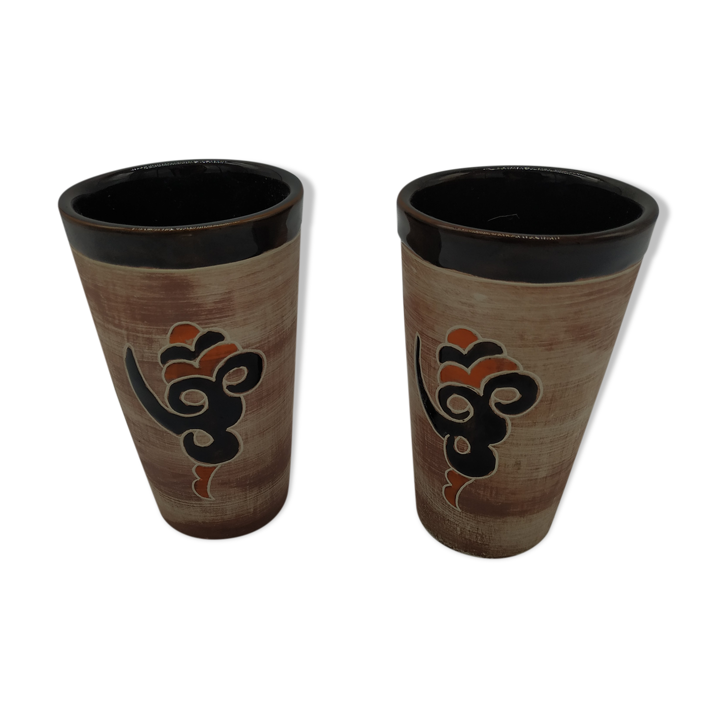 Pair of vintage enamelled terracotta mugs