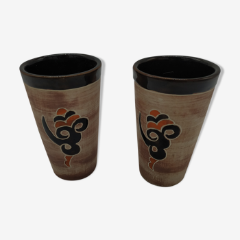 Pair of vintage enamelled terracotta mugs