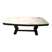 Large cream marble coffee table with solid cherry wood base