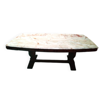 Large cream marble coffee table with solid cherry wood base