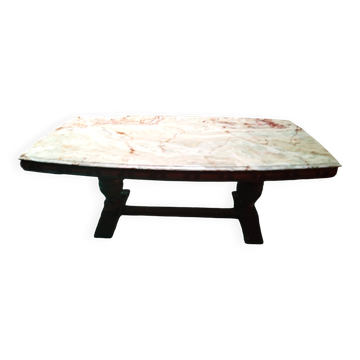 Large cream marble coffee table with solid cherry wood base