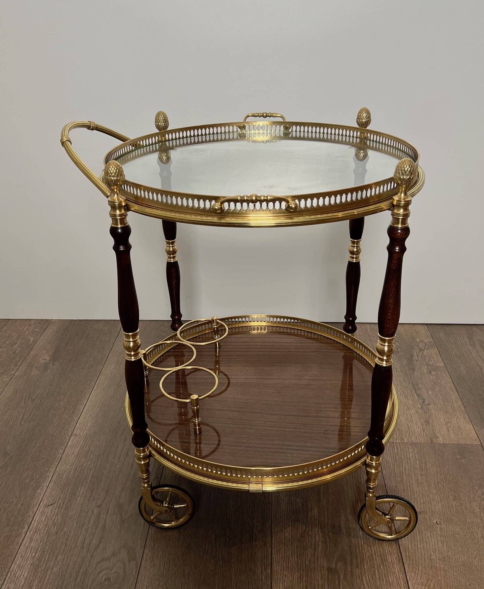 Oval Rolling Table in Brass and Mahogany with Openwork Gallery and Bottle Holder