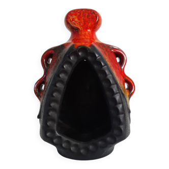 Bay Keramik orange-red and black candle holder from the 70s