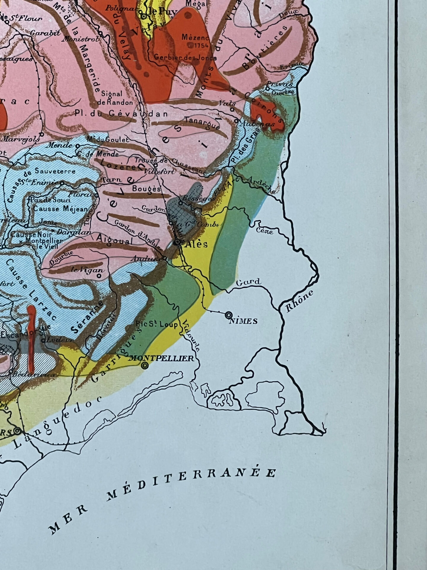 Original map of the Massif Central 37x27cm - 1908