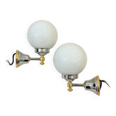 Pair of vintage Italian chrome and gold and opaline white ball bathroom wall sconces