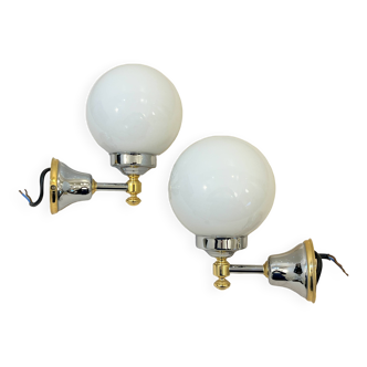 Pair of vintage Italian chrome and gold and opaline white ball bathroom wall sconces