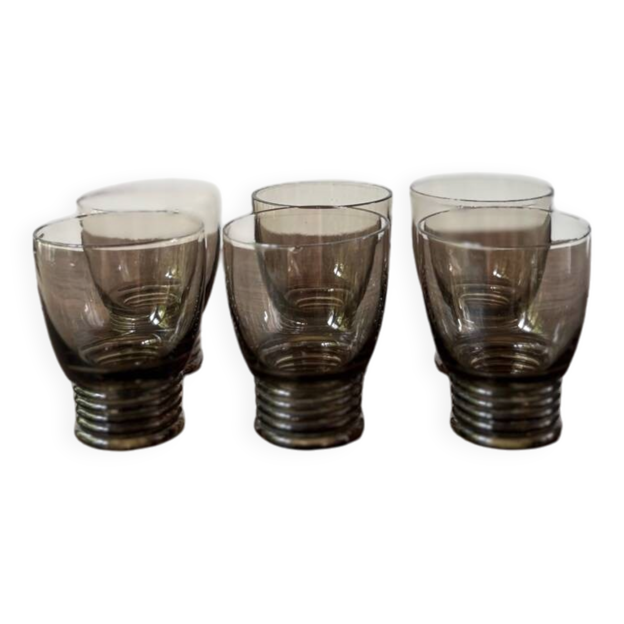 Set of 6 vintage 70s glasses with smoked grey ring feet