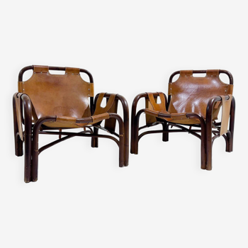 Mid-Century Modern Pair of Bamboo & Leather Armchairs by Tito Agnoli, Italy, 1960s