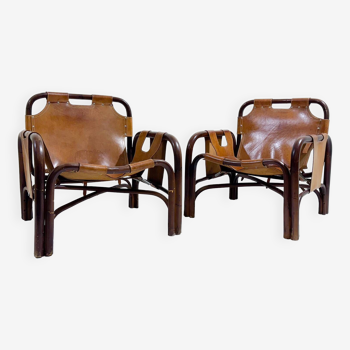 Paire de fauteuils modernes du milieu du siècle en bambou et en cuir par Tito Agnoli, Italie, 1960s