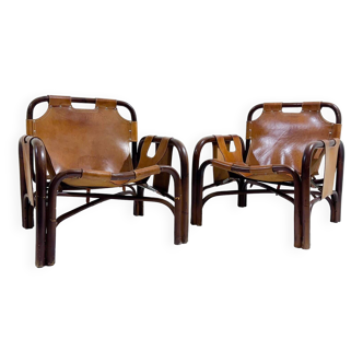 Mid-Century Modern Pair of Bamboo & Leather Armchairs by Tito Agnoli, Italy, 1960s