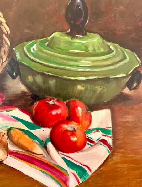 Oil on canvas, Still life "La garbure" signed and countersigned R.CAUMEL 1982