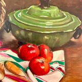 Oil on canvas, Still life "La garbure" signed and countersigned R.CAUMEL 1982