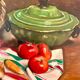 Oil on canvas, Still life "La garbure" signed and countersigned R.CAUMEL 1982