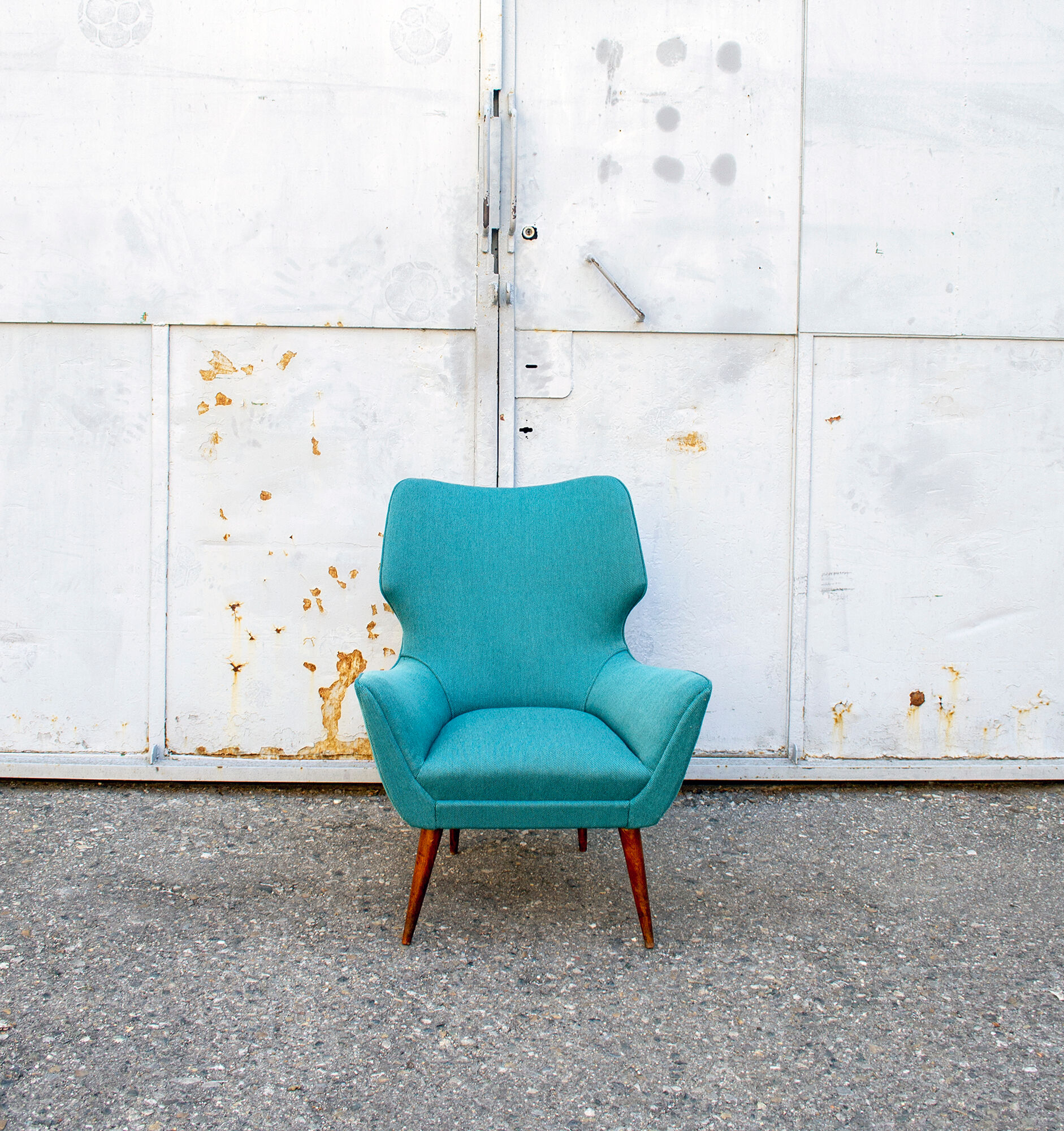 Pair of armchairs with wooden structure and padding covered in Italian fabric 50s
