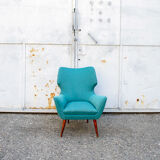 Pair of armchairs with wooden structure and padding covered in Italian fabric 50s