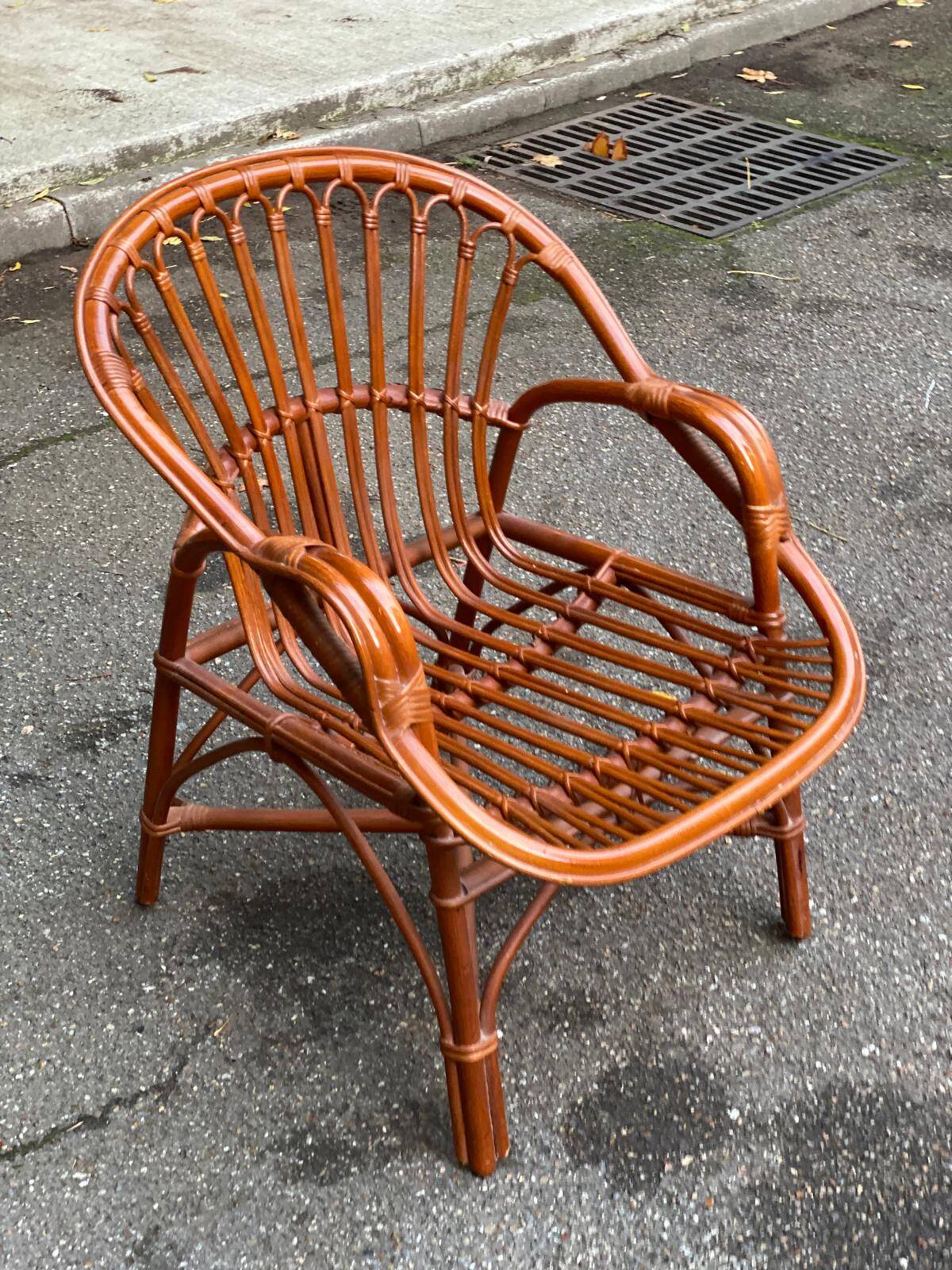 Adult rattan and wicker armchair, 1975, with beige cushion