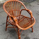 Adult rattan and wicker armchair, 1975, with beige cushion