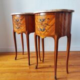 Pair of Louis XV style bedside tables with marquetry and marble.