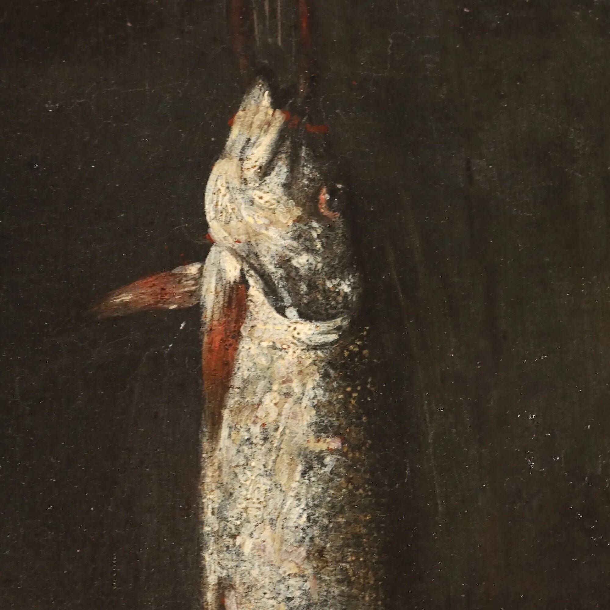 Old painting of still life with fish and snails, oil on canvas from the 1600s.