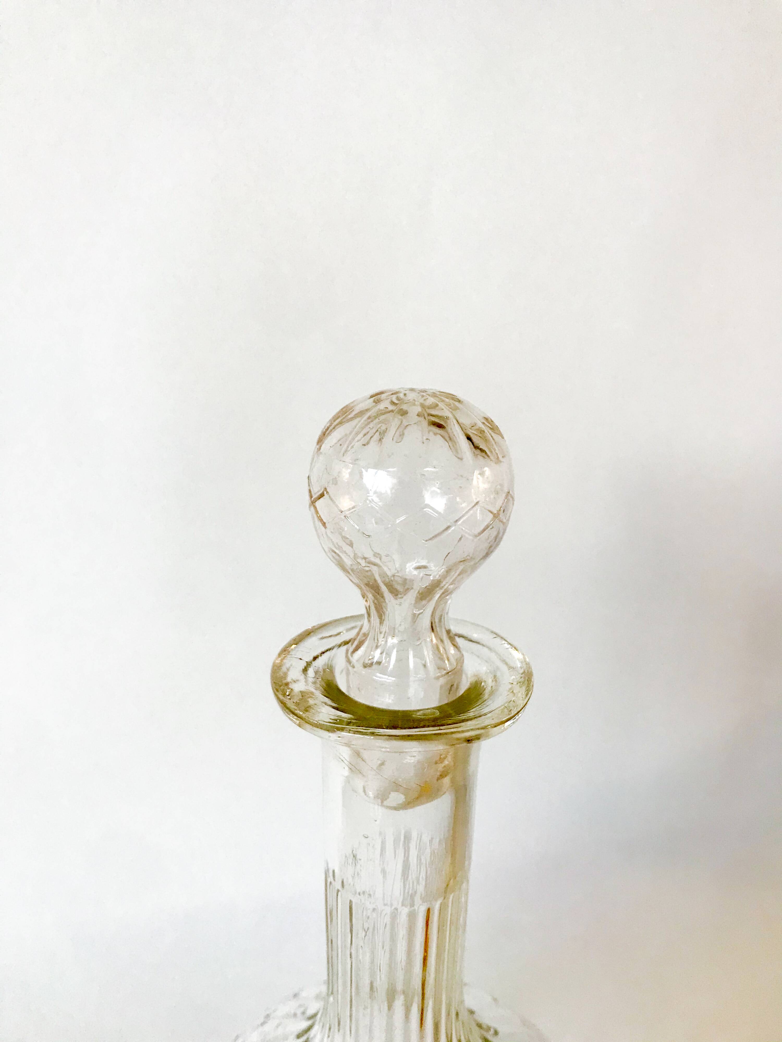 engraved glass wine carafe round stopper 50s