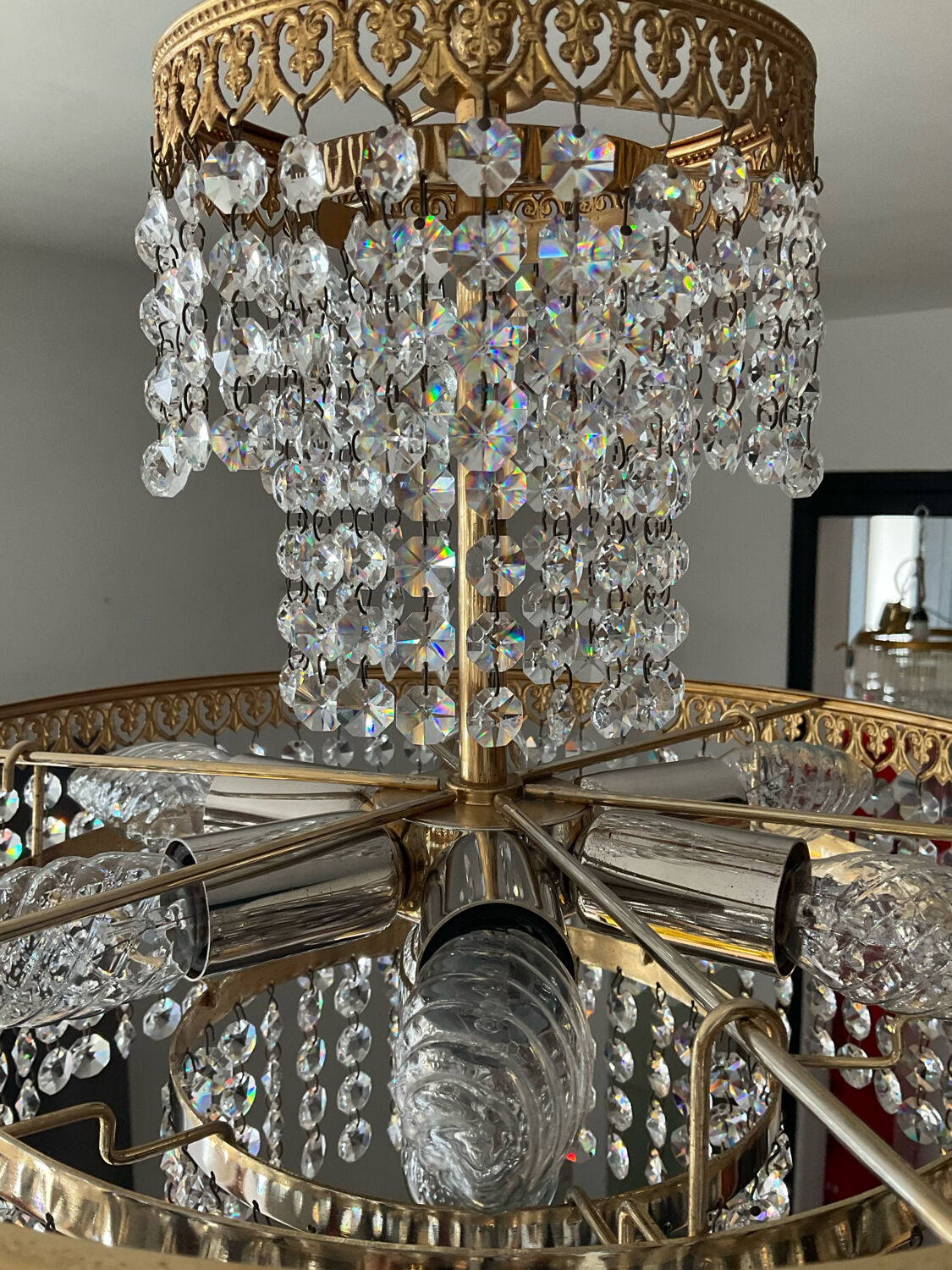 Brass chandelier and crystal tassel waterfall