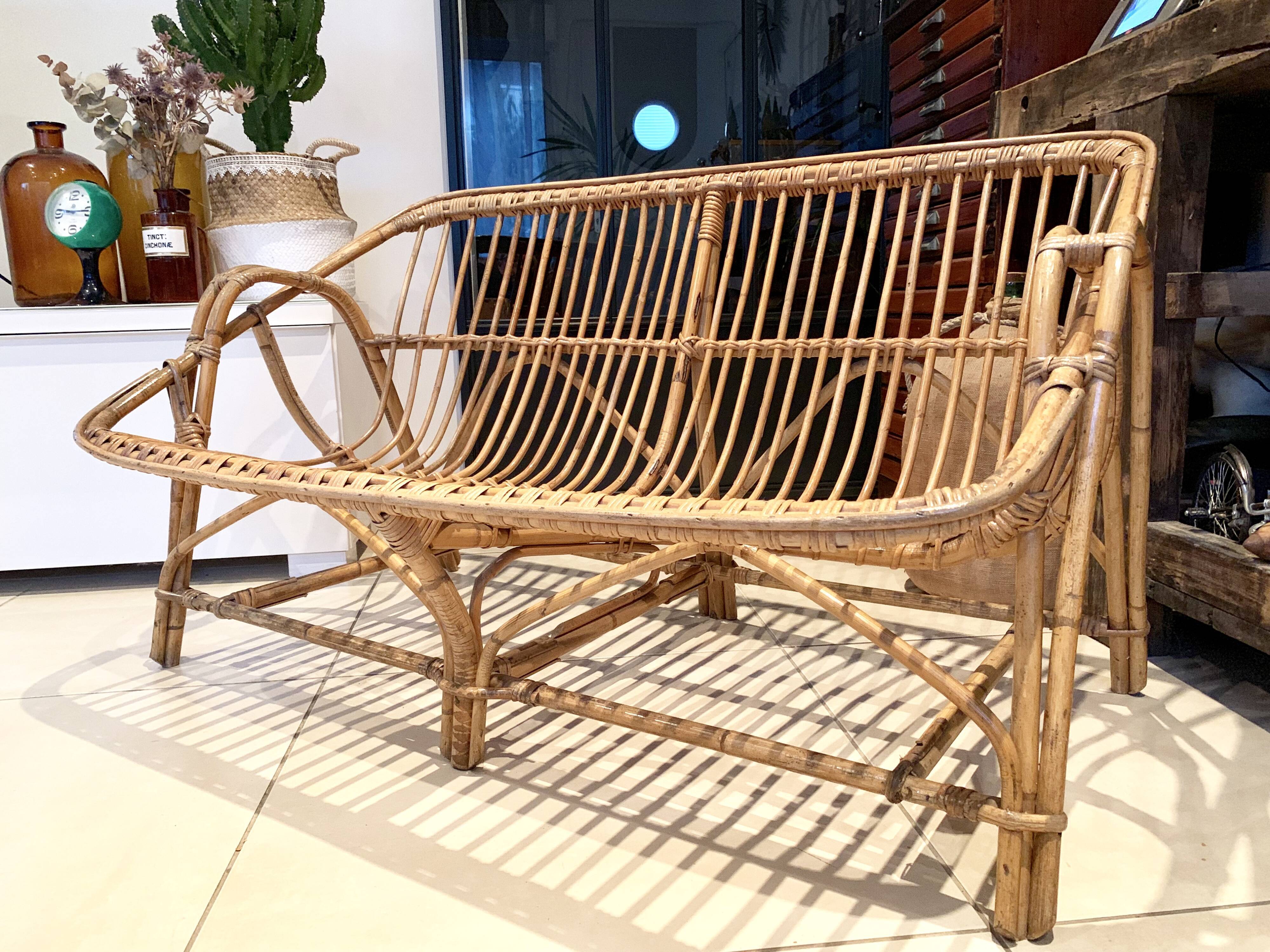 Vintage rattan bench sofa