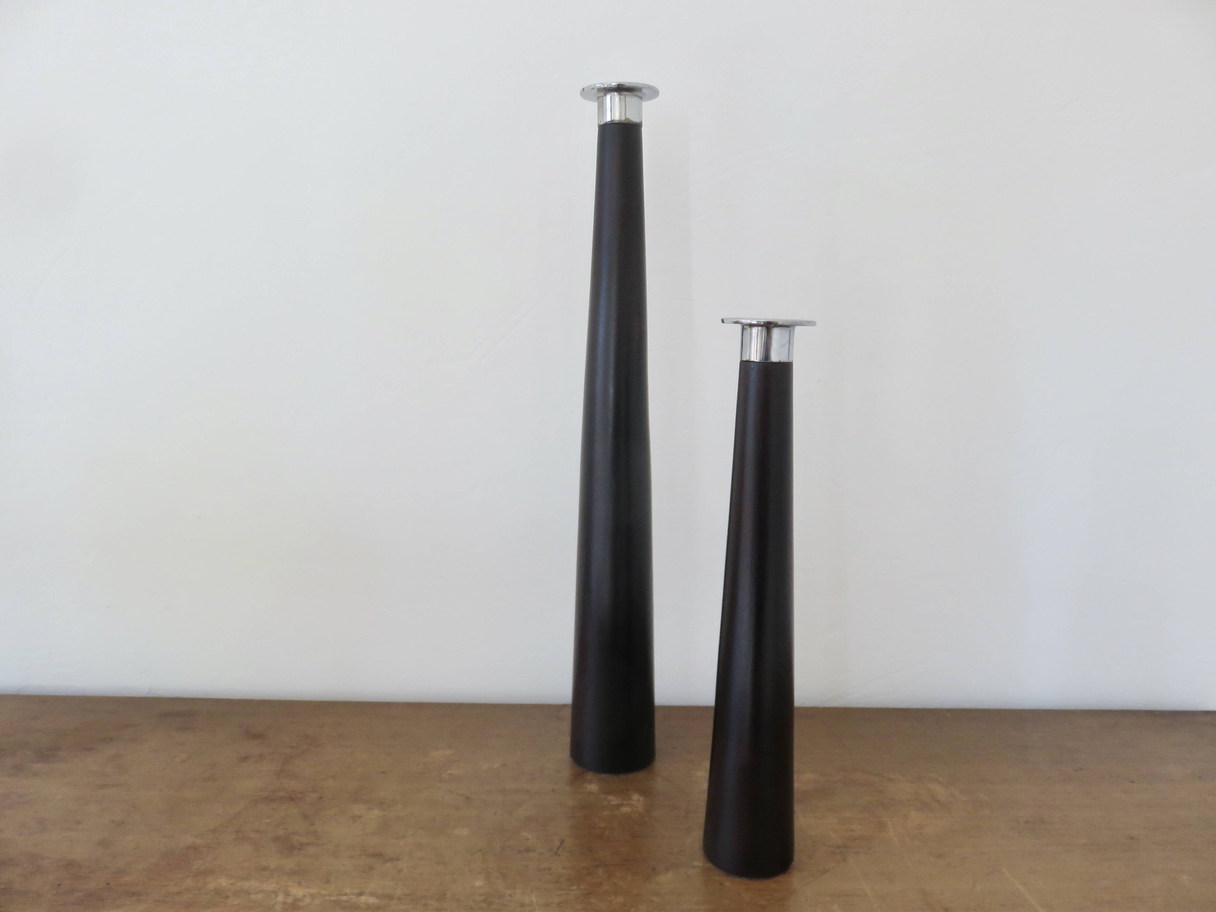Pair of designer candlesticks, XXL, tapered, teak and chrome metal, 1980s