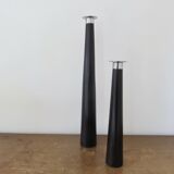 Pair of designer candlesticks, XXL, tapered, teak and chrome metal, 1980s