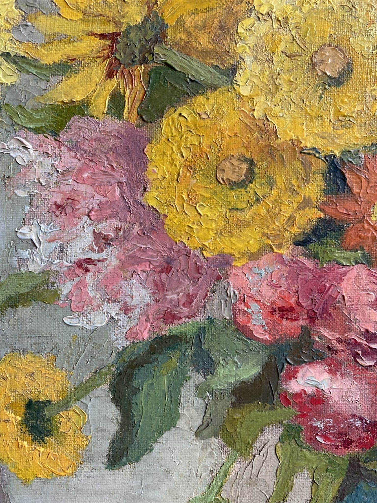 Antique painting, still life with blue vase and flowers, mid-20th century