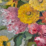 Antique painting, still life with blue vase and flowers, mid-20th century
