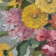 Antique painting, still life with blue vase and flowers, mid-20th century