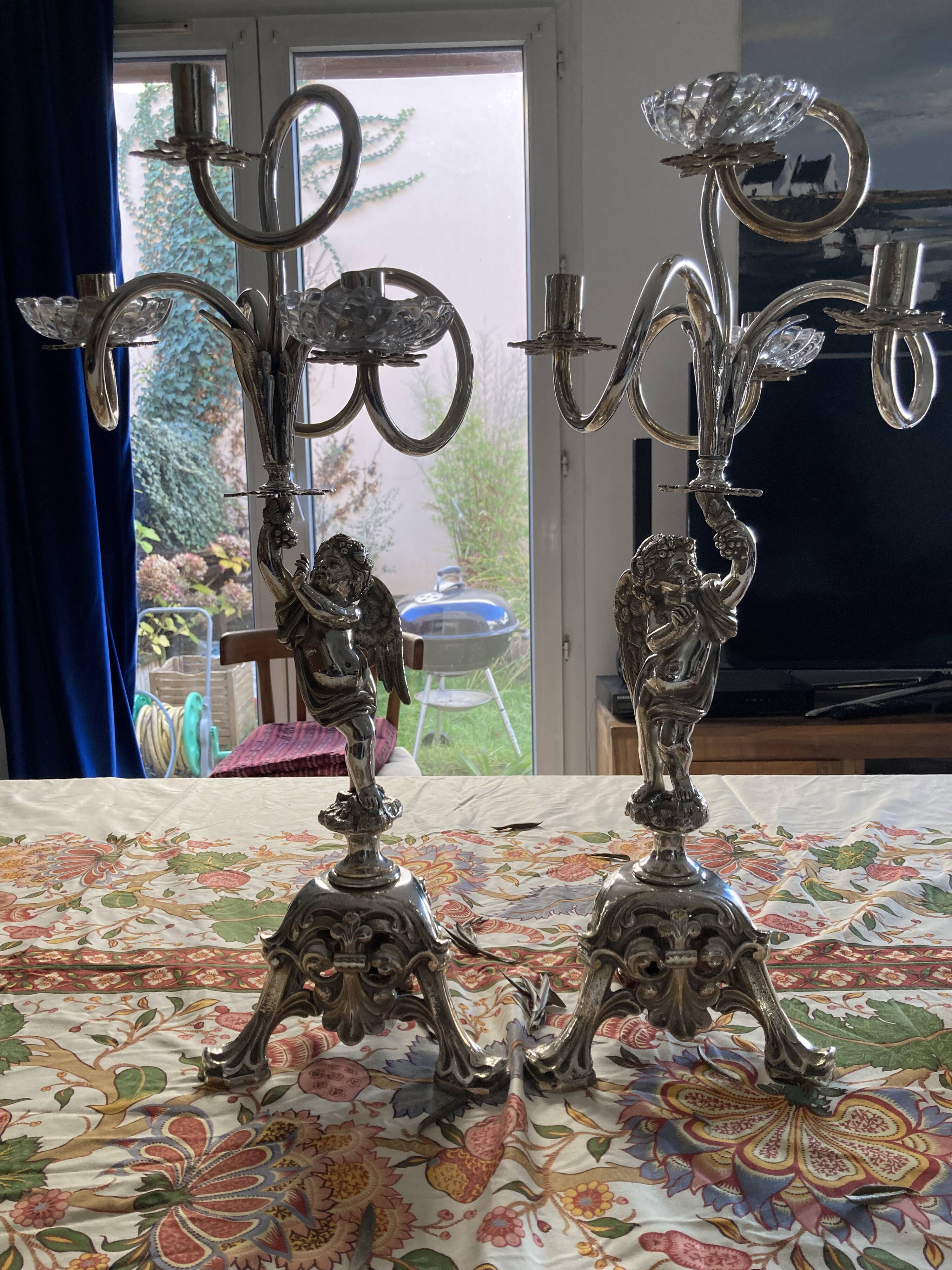 Putti candelabra 4 candles louis xvi style design pieces late 20th century. signed