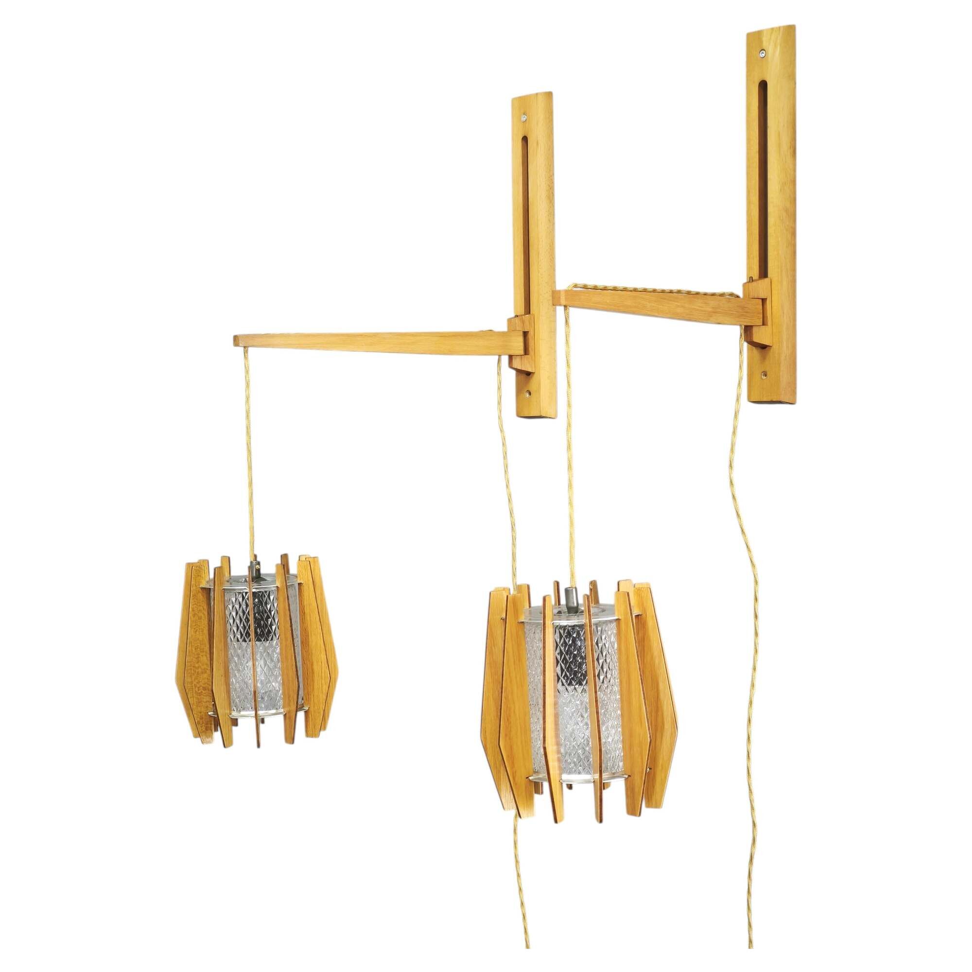 Pair of Dřevo Humpolec Adjustable Swing Arm Wall Lamps, 1960s