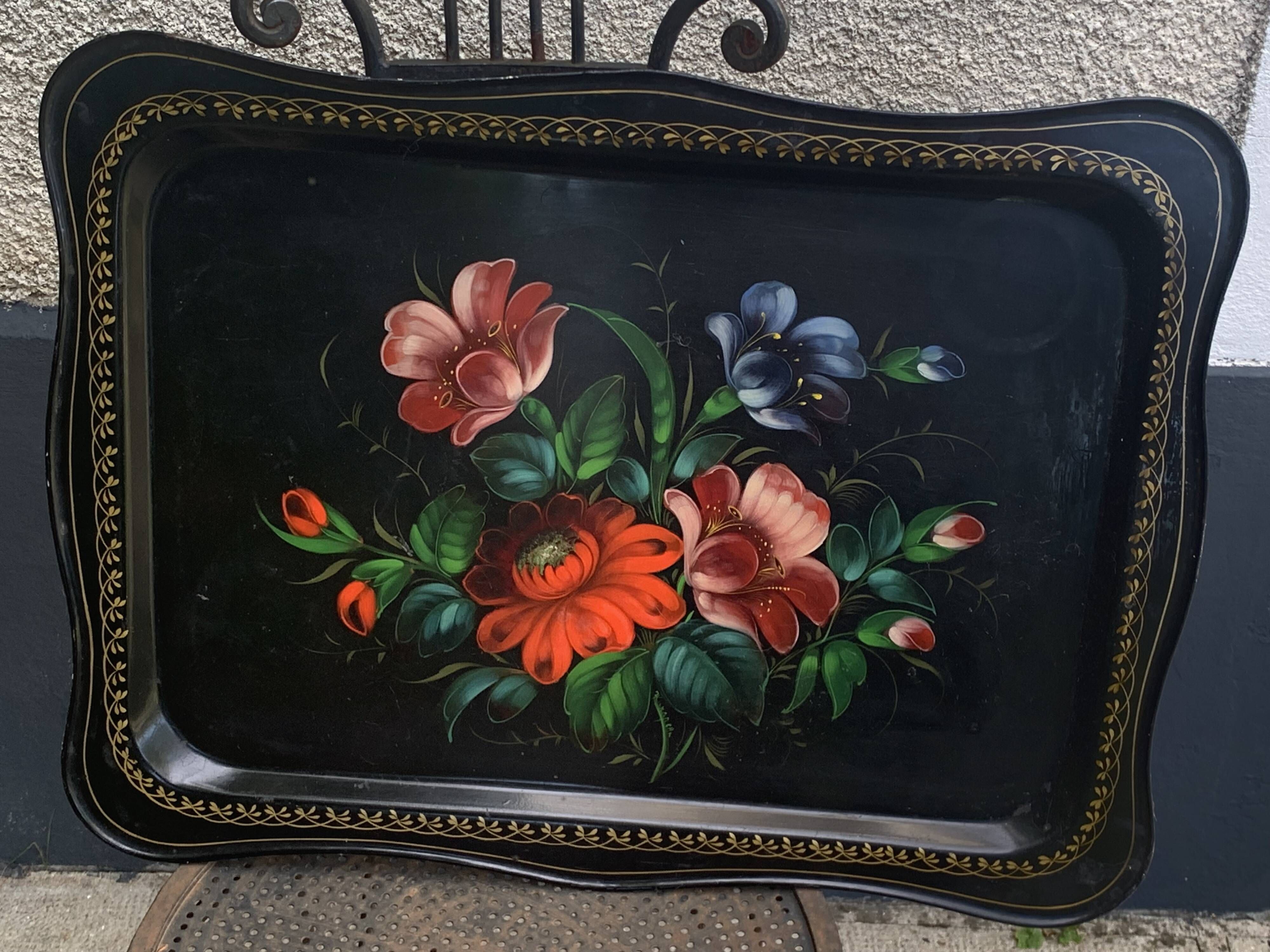 Black rectangular platter with hand-painted flowers, vintage and bohemian.
