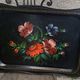 Black rectangular platter with hand-painted flowers, vintage and bohemian.