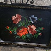 Plateau rectangulaire noir fleurs peintes à la main vintage et bohème