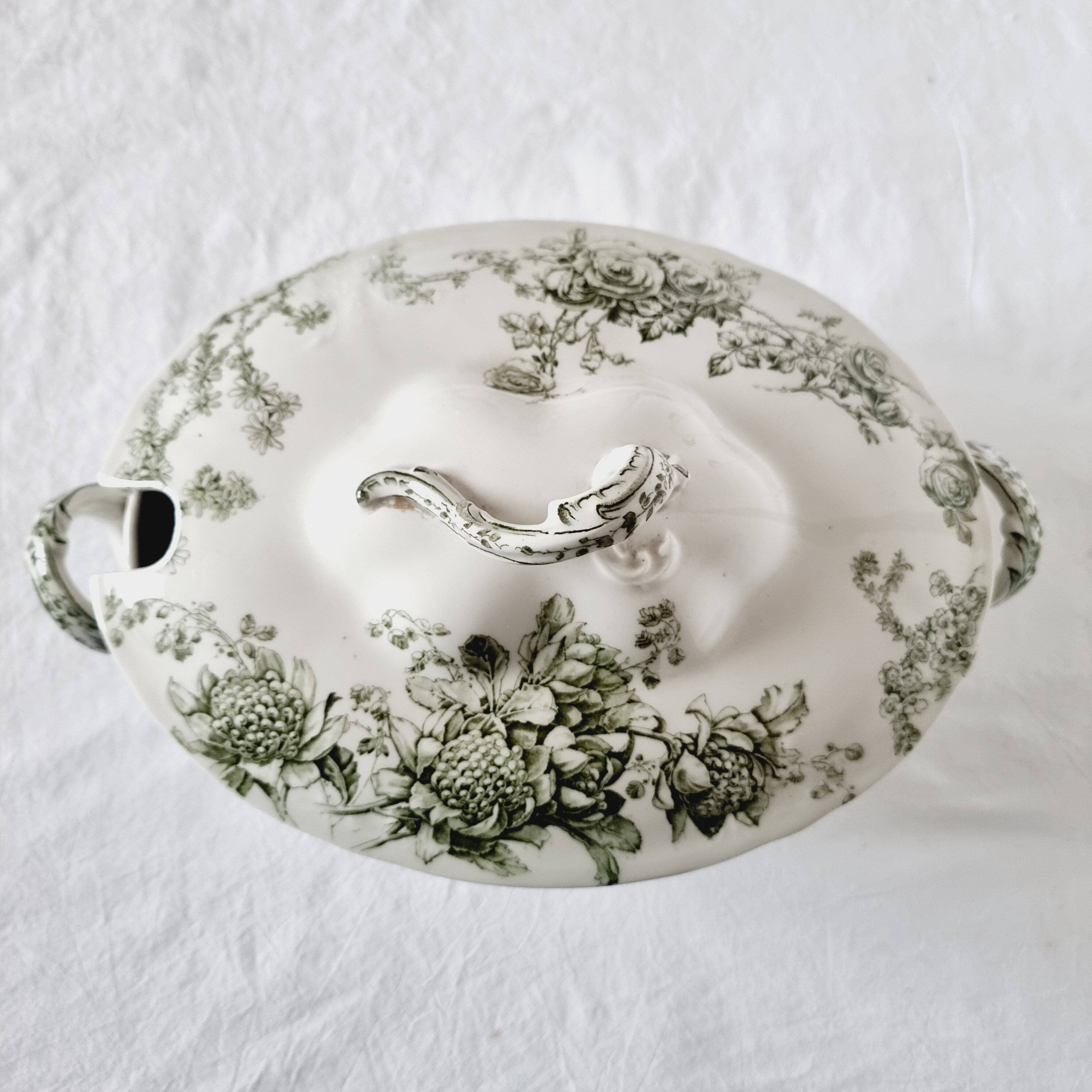 Antique Doulton Brurslem English Porcelain Tureen with Rose and Waratah Pattern from 1920